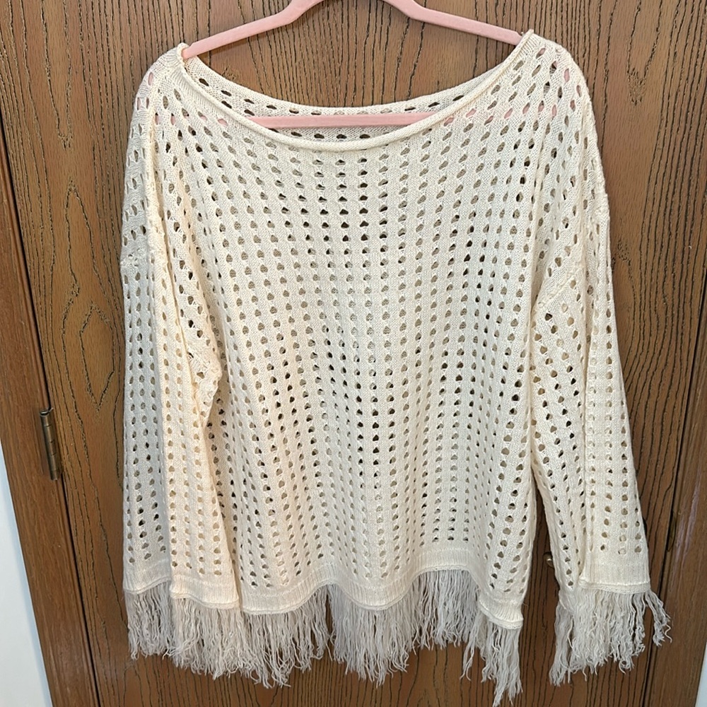 Off Shoulder Knit Fringe Top